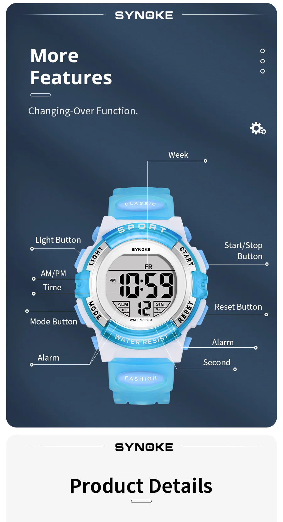 Synoke Kids Digital Watches Colorful Light PU Strap 50M Waterproof Led Sport's Children Wristwatch Boy Girl Alarm Clock