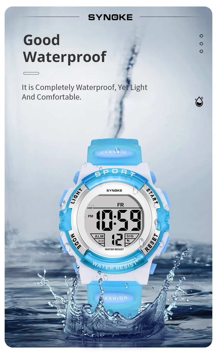 Synoke Kids Digital Watches Colorful Light PU Strap 50M Waterproof Led Sport's Children Wristwatch Boy Girl Alarm Clock