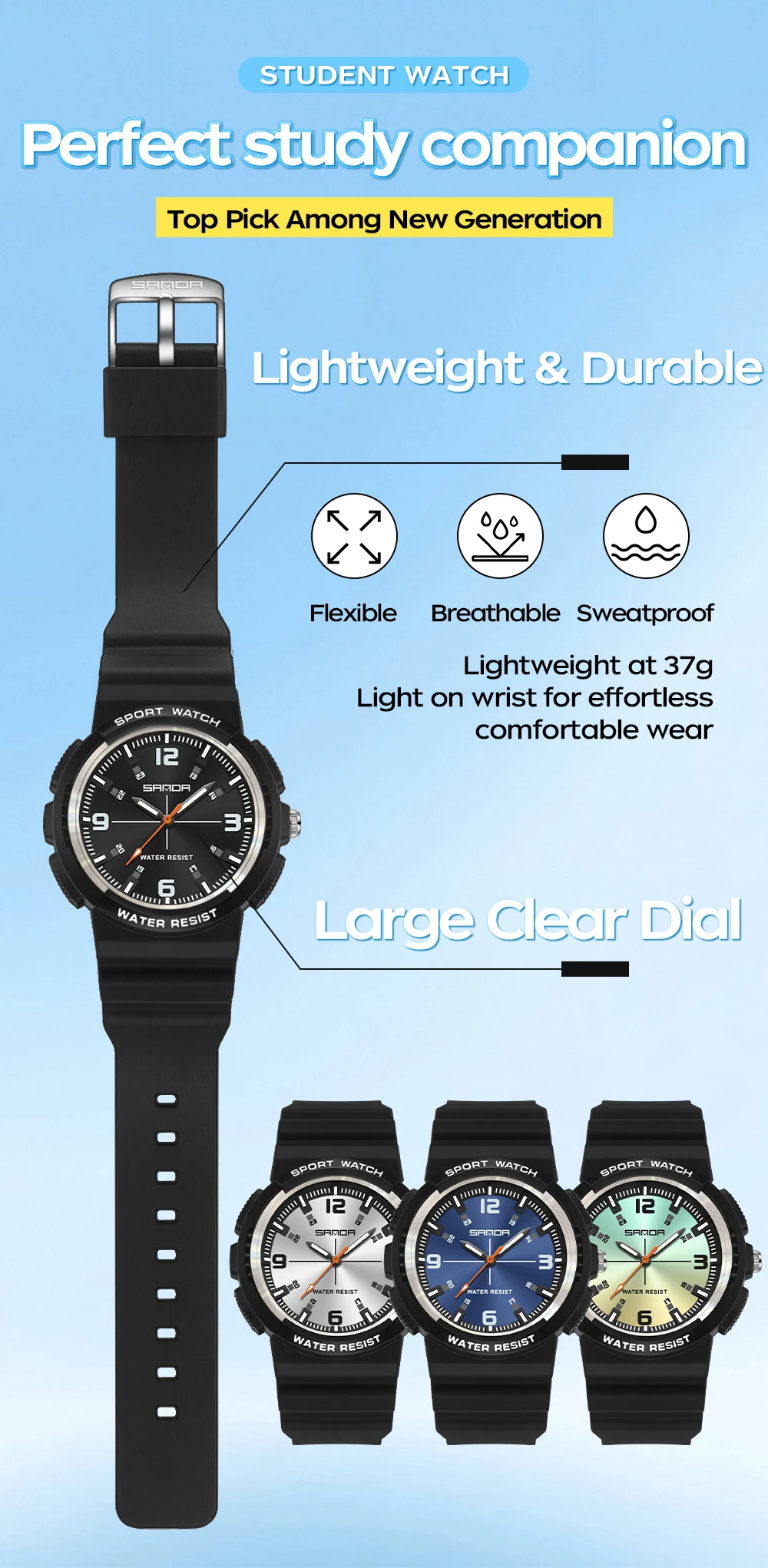 SANDA New 3284 Fashion Student Quartz Watch Simple Waterproof Silicone Strap Night Light Male and Female Student Quartz Watch ﻿