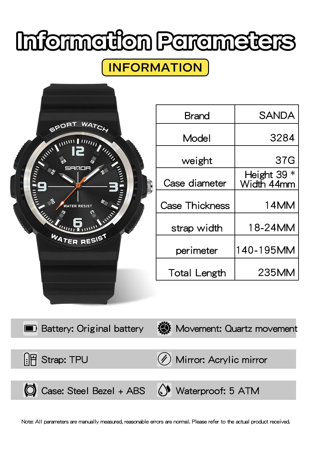 SANDA New 3284 Fashion Student Quartz Watch Simple Waterproof Silicone Strap Night Light Male and Female Student Quartz Watch ﻿