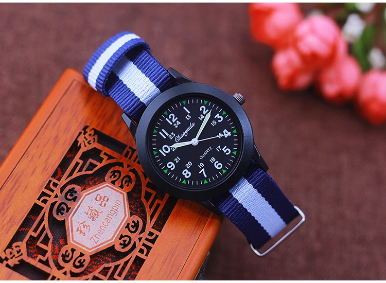 Fashion Women Man Canvas Color Stripes Strap Watches Children 24 Hours Quartz Luminous Pointer Students Cool Waterproof Watches