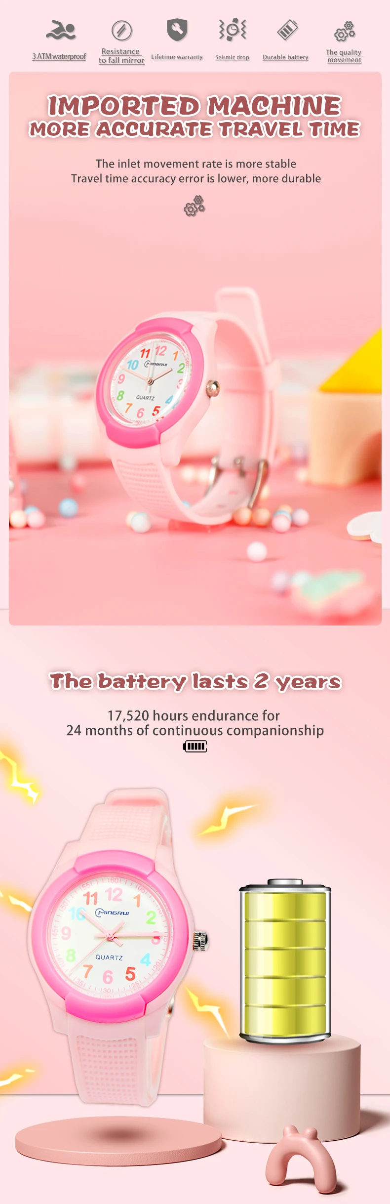2026 Children's Watch Fashion Sports Quartz Watch Pink Digital Waterproof Boys Girls Kids Teenagers Students Clock Watches