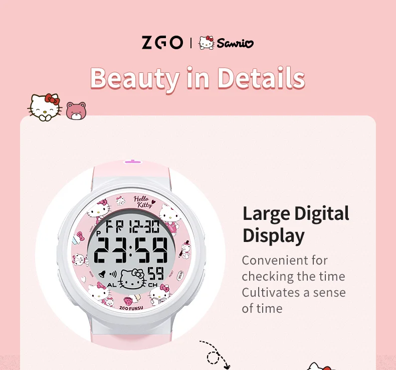 ZGO Sanrio Hello Kitty Kids Watch for Girls Cute Electronic Digital Wristwatch Waterproof and Luminous Watch Birthday Gift 8551