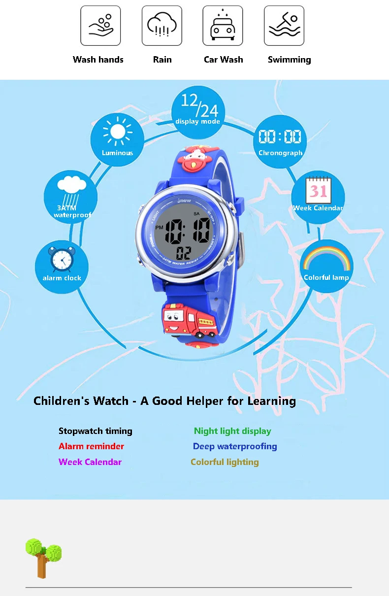 UTHAI Children Sports Electronic Digit Watch Cartoon Firefighter 3ATM Waterproof Alarm Clock Kids Boy Student LED Wristwatches