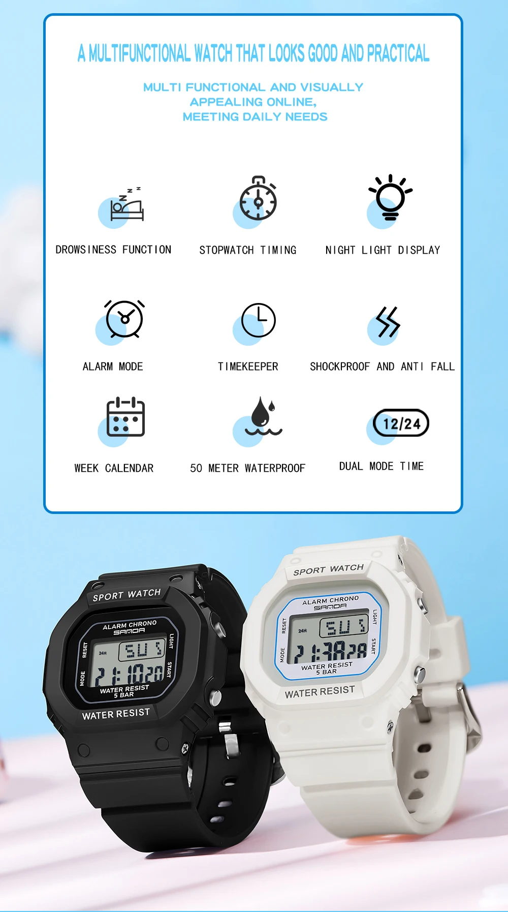 SANDA Boys Girls LED Digital Watch Children Sports Watch For Waterproof Electronic Watch Children Outdoors Casual Gift Watch