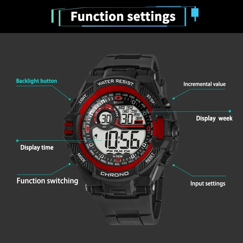Waterproof Sports Watch Luxury Electronic Watch for Men LED Alarm Clock Military Digital Wristwatch for Man Boys Student Teen
