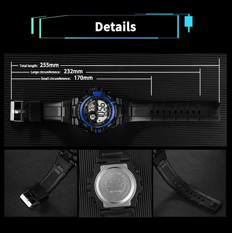 Waterproof Sports Watch Luxury Electronic Watch for Men LED Alarm Clock Military Digital Wristwatch for Man Boys Student Teen