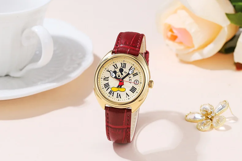 Disney Mickey Mouse Children Watches Luminous Leather Quartz Wristwatch Boy Girls Birthday Gift Student Clock Young Men Women