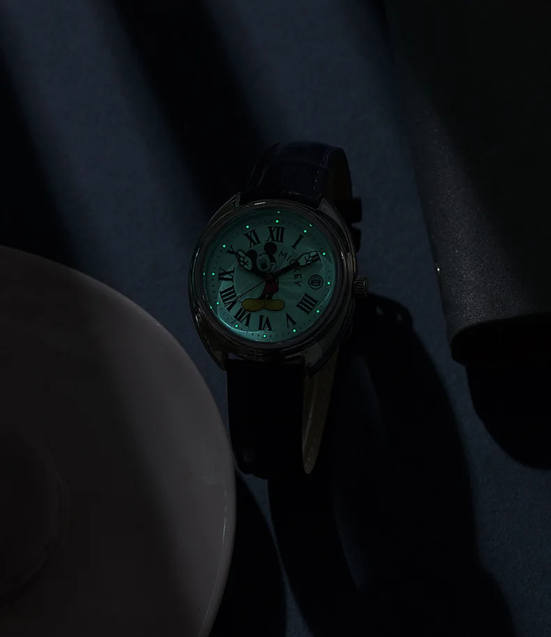 Disney Mickey Mouse Children Watches Luminous Leather Quartz Wristwatch Boy Girls Birthday Gift Student Clock Young Men Women