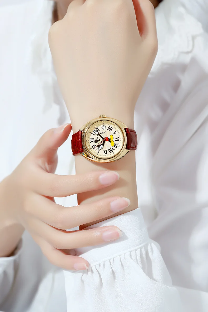 Disney Mickey Mouse Children Watches Luminous Leather Quartz Wristwatch Boy Girls Birthday Gift Student Clock Young Men Women