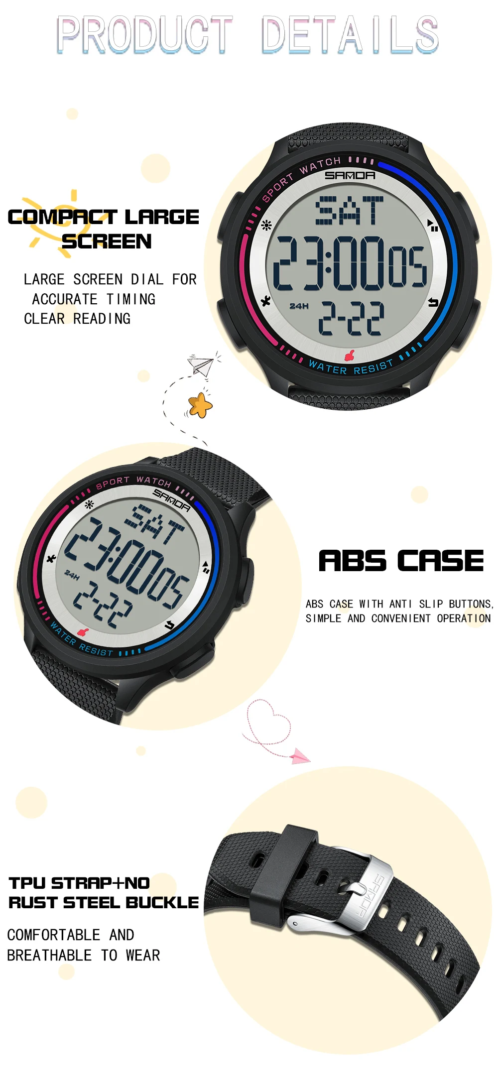 SANDA Fashion Digital Movement Teenager Students Hand Clock Trendy Outdoor Sports Water Resistant Mode Wrist Stop Children Watch