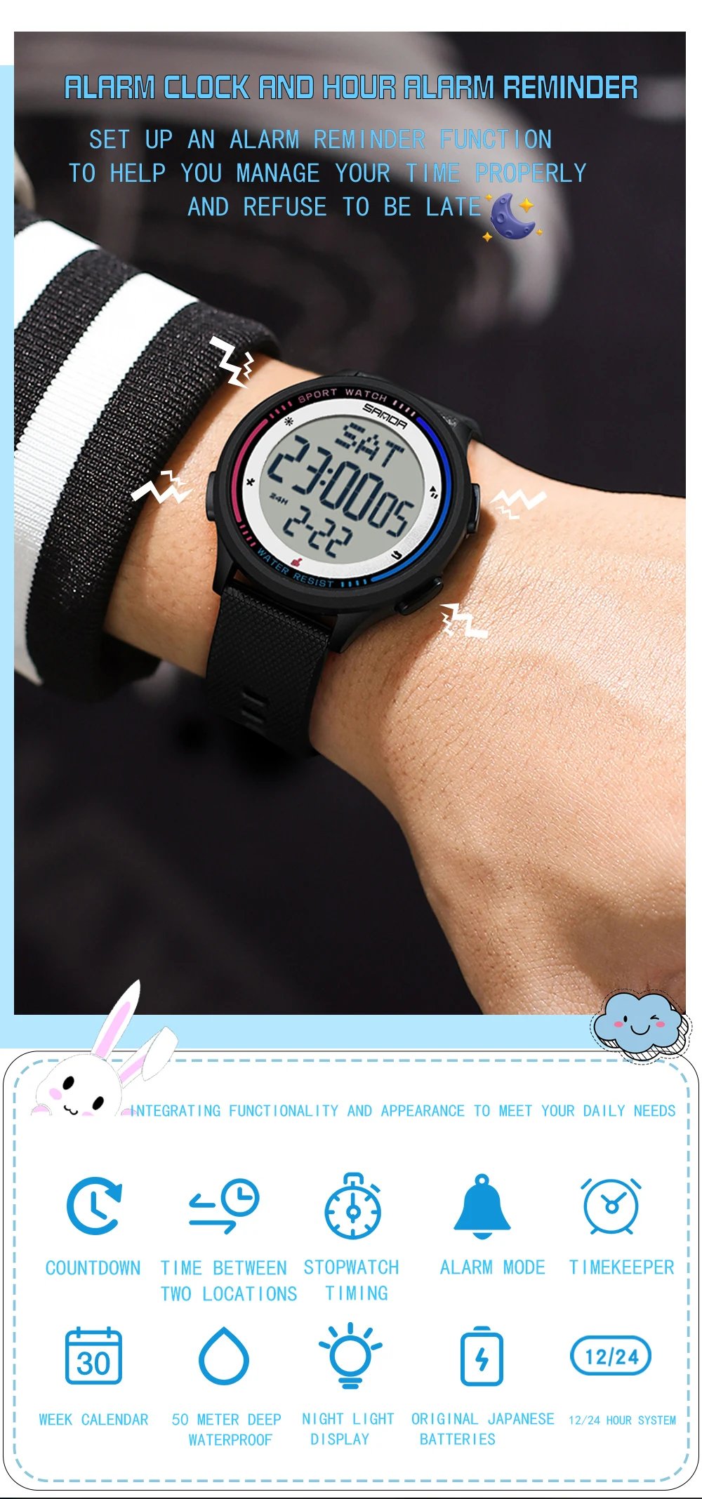 SANDA Fashion Digital Movement Teenager Students Hand Clock Trendy Outdoor Sports Water Resistant Mode Wrist Stop Children Watch