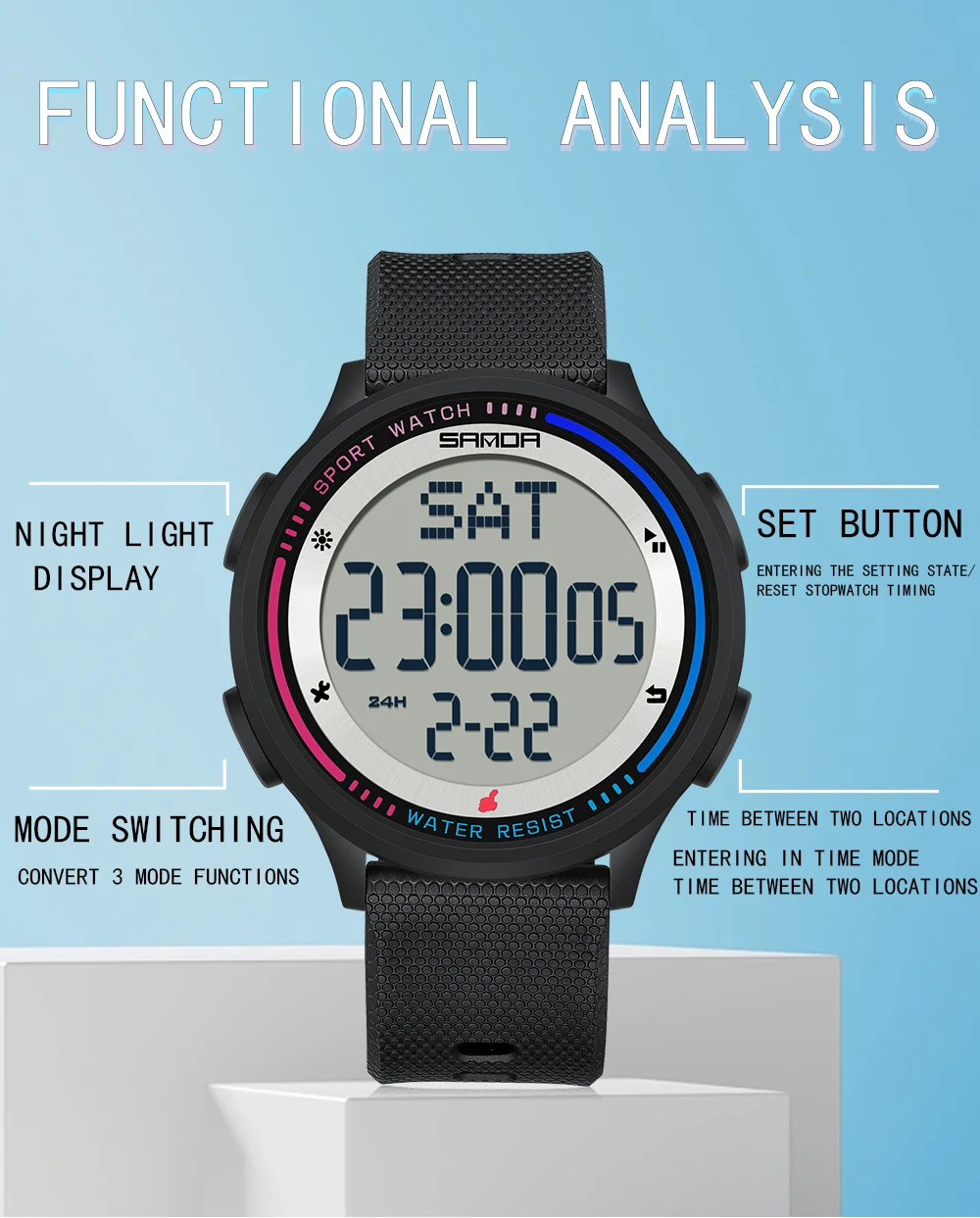 SANDA Fashion Digital Movement Teenager Students Hand Clock Trendy Outdoor Sports Water Resistant Mode Wrist Stop Children Watch