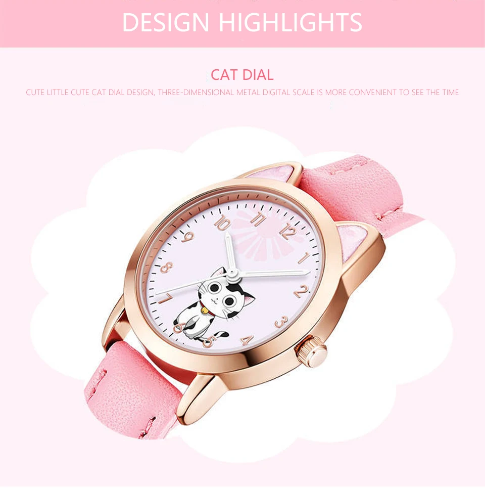 UTHAI Children Watch Girl Pink Cute Cartoon Cat Watch Waterproof 5-15 Year Old Primary School Student Women Fashion Quartz Clock