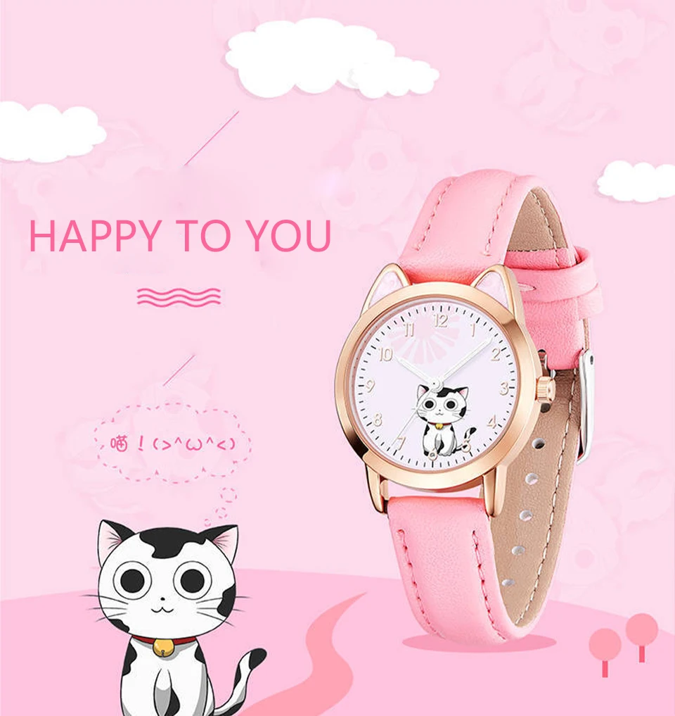 UTHAI Children Watch Girl Pink Cute Cartoon Cat Watch Waterproof 5-15 Year Old Primary School Student Women Fashion Quartz Clock
