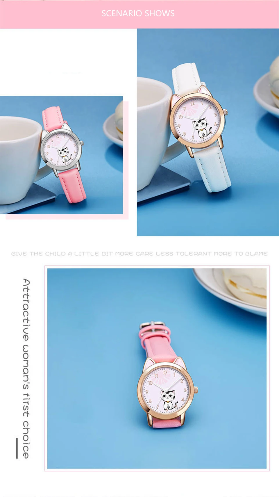 UTHAI Children Watch Girl Pink Cute Cartoon Cat Watch Waterproof 5-15 Year Old Primary School Student Women Fashion Quartz Clock