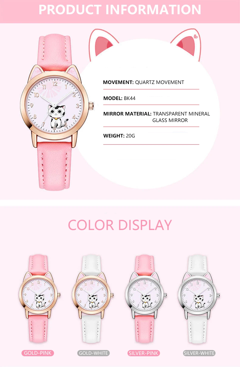 UTHAI Children Watch Girl Pink Cute Cartoon Cat Watch Waterproof 5-15 Year Old Primary School Student Women Fashion Quartz Clock