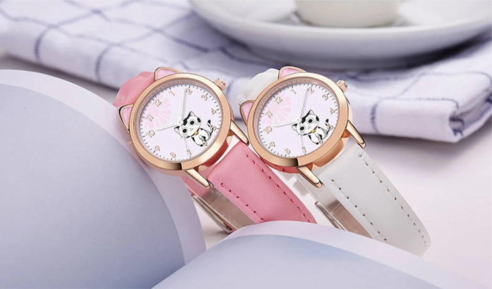 UTHAI Children Watch Girl Pink Cute Cartoon Cat Watch Waterproof 5-15 Year Old Primary School Student Women Fashion Quartz Clock