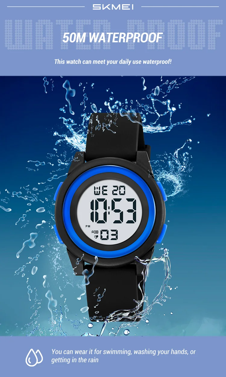 SKMEI Kids Digital LED Black Light Stopwatch Children Watch 50m Waterproof Wristwatches For Boys Girls Clock Alarm Clock 2429