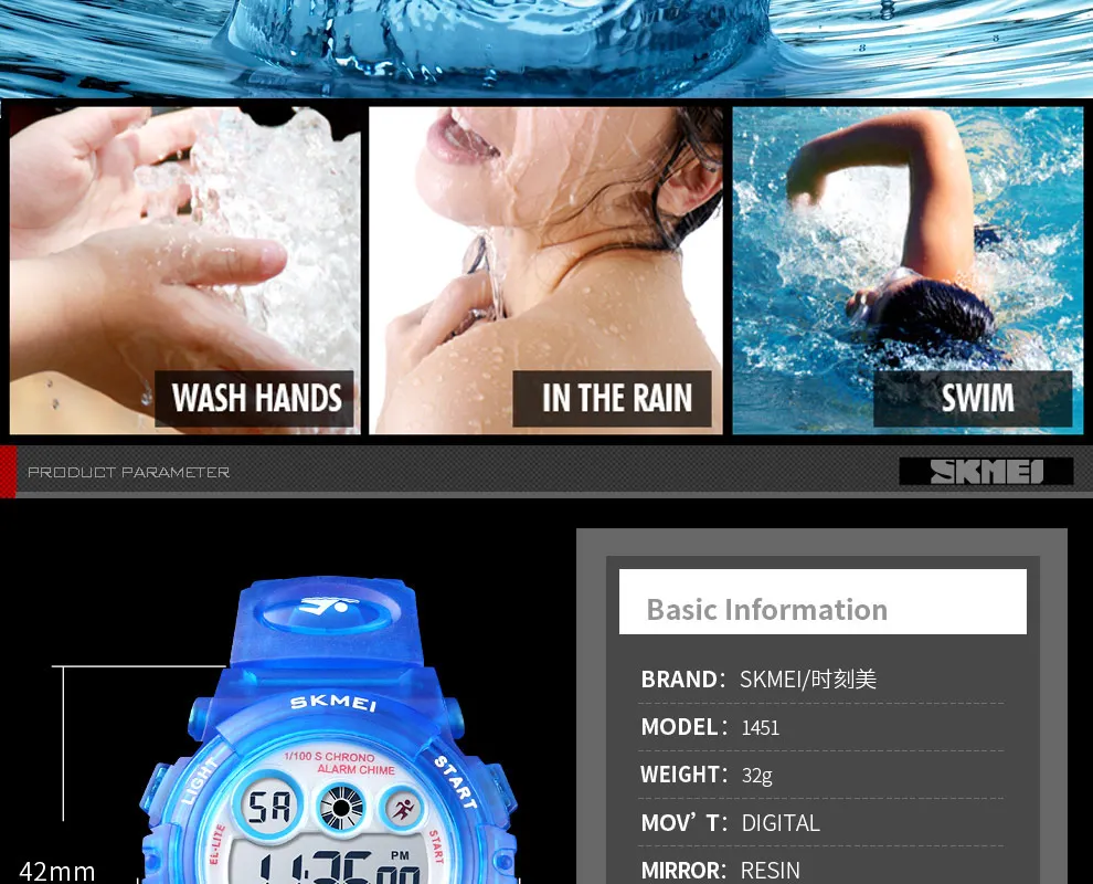 SKMEI 1451 Children Digital Shockproof Watch for Kids Color Alarm Sport Electronic Waterproof Boy Girl Wristwatch Military 1548