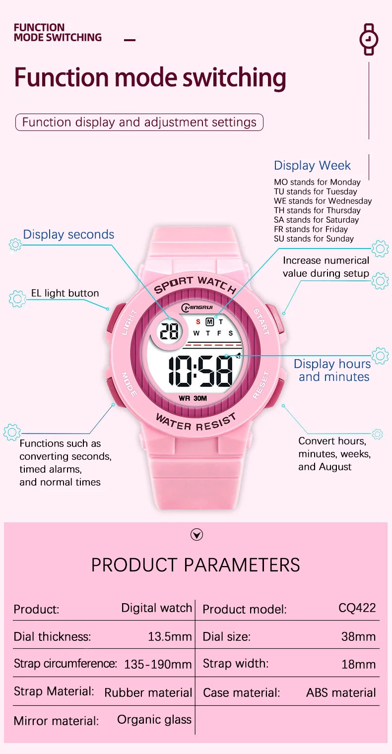 UTHAI CQ422 Fashionable Children's Watch Alarm Clock 30ATM Waterproof LED Night Light Electronic Watch Children's Birthday Gift