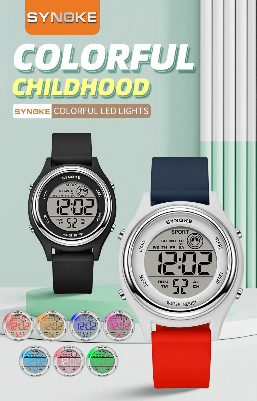 SYNOKE Colorful Children Seven Lights Watches Sport Students Digital Watch For Kids Waterproof Electronic Watch Shock Resist
