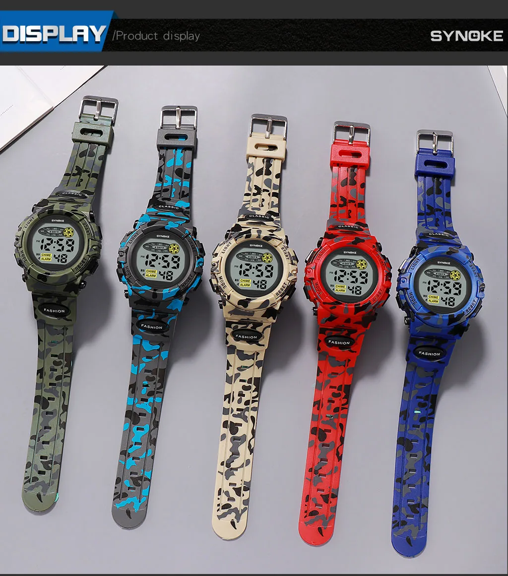 SYNOKE Student Sport Watch For Kids Colorful Electronic Watches Waterproof Clock Children Digital Watch For Boys Camouflage