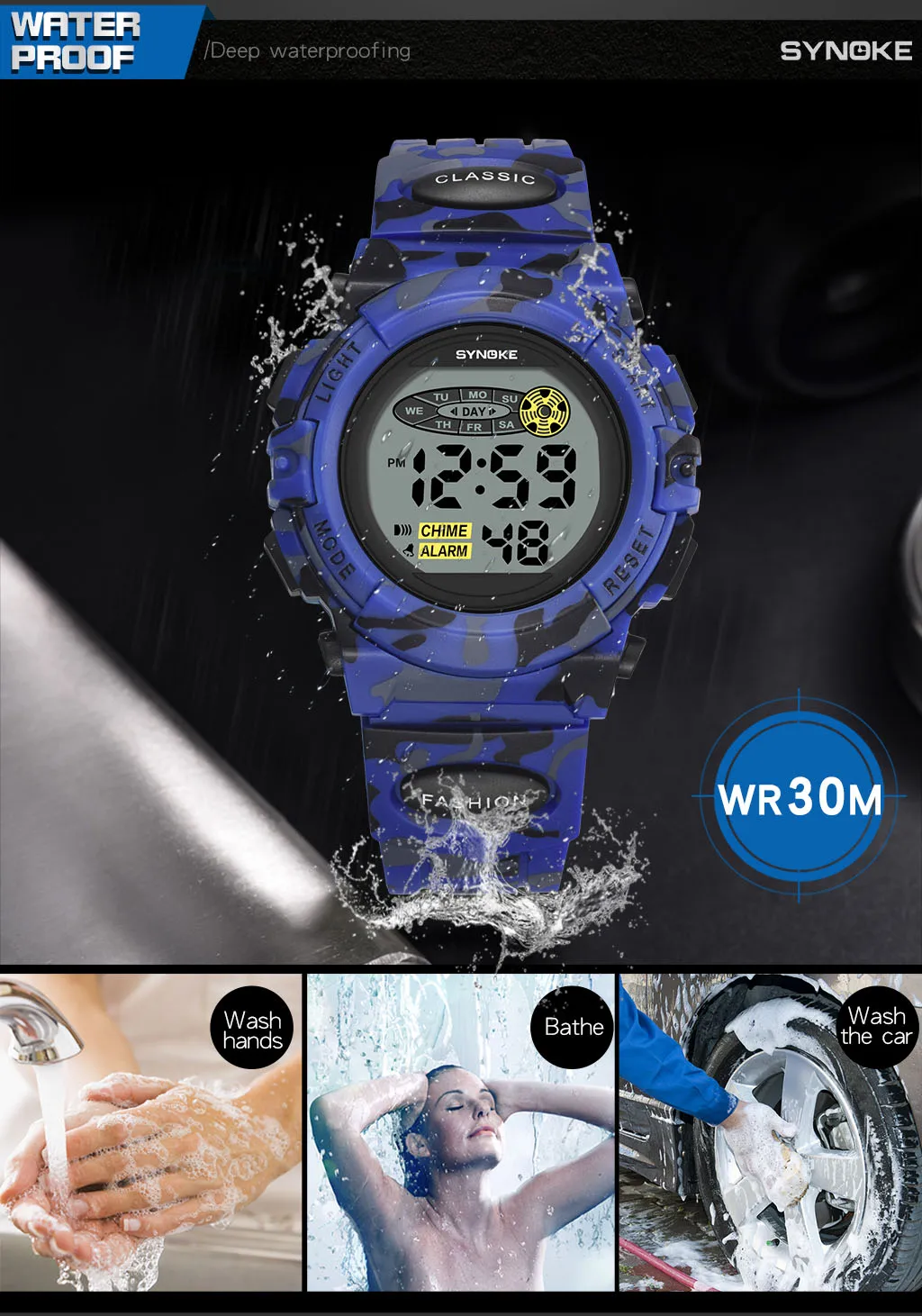 SYNOKE Student Sport Watch For Kids Colorful Electronic Watches Waterproof Clock Children Digital Watch For Boys Camouflage