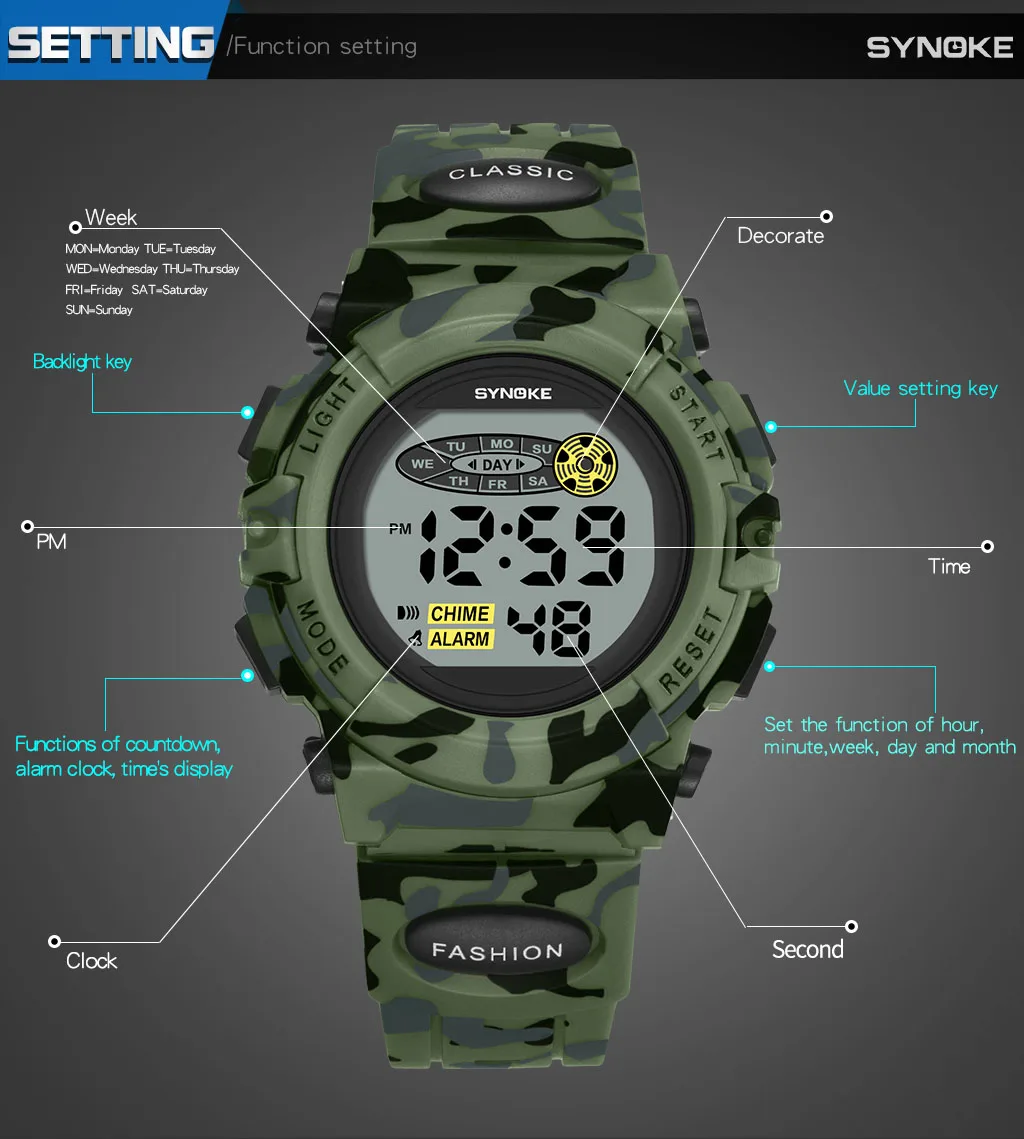 SYNOKE Student Sport Watch For Kids Colorful Electronic Watches Waterproof Clock Children Digital Watch For Boys Camouflage