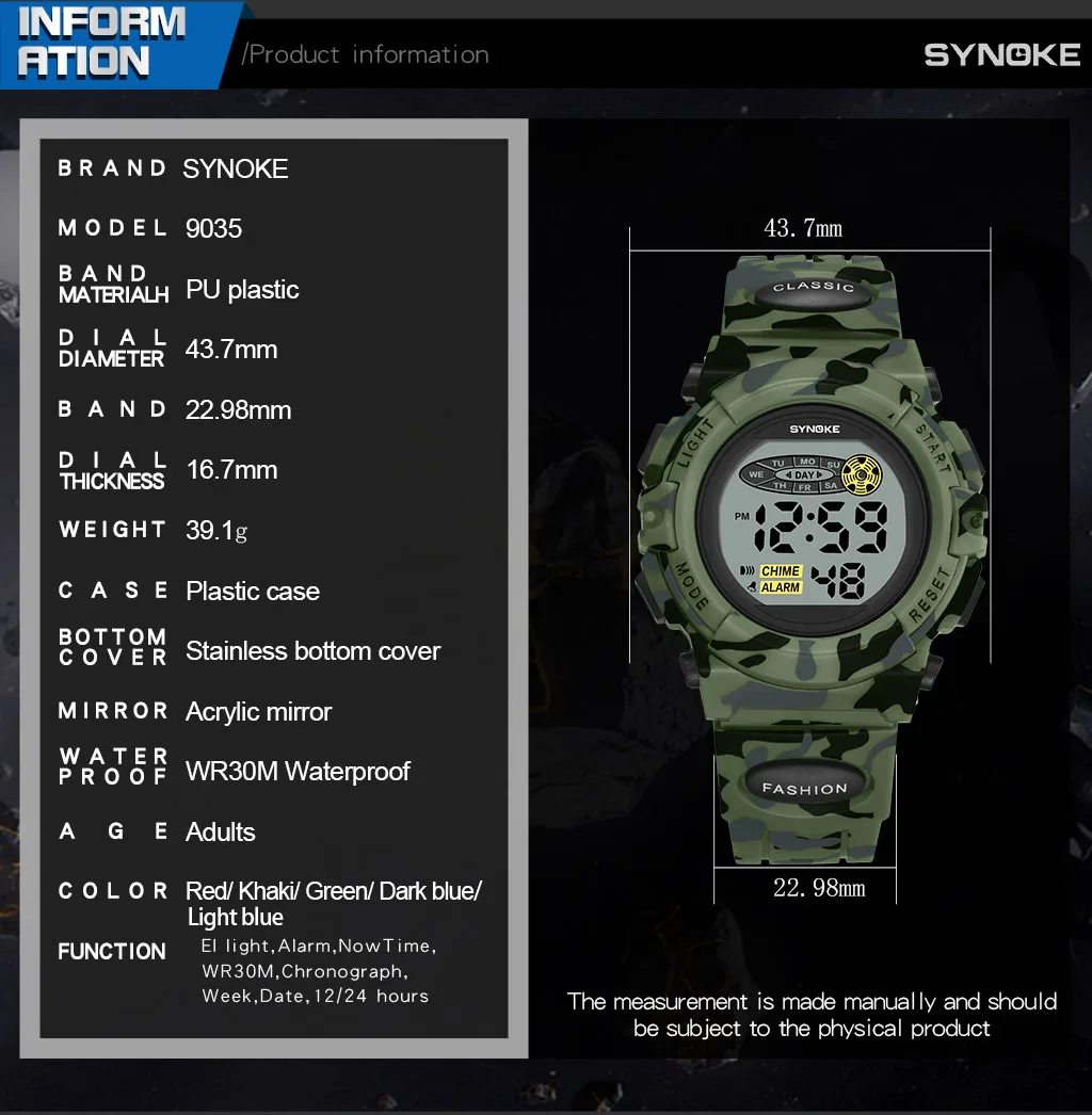 SYNOKE Student Sport Watch For Kids Colorful Electronic Watches Waterproof Clock Children Digital Watch For Boys Camouflage