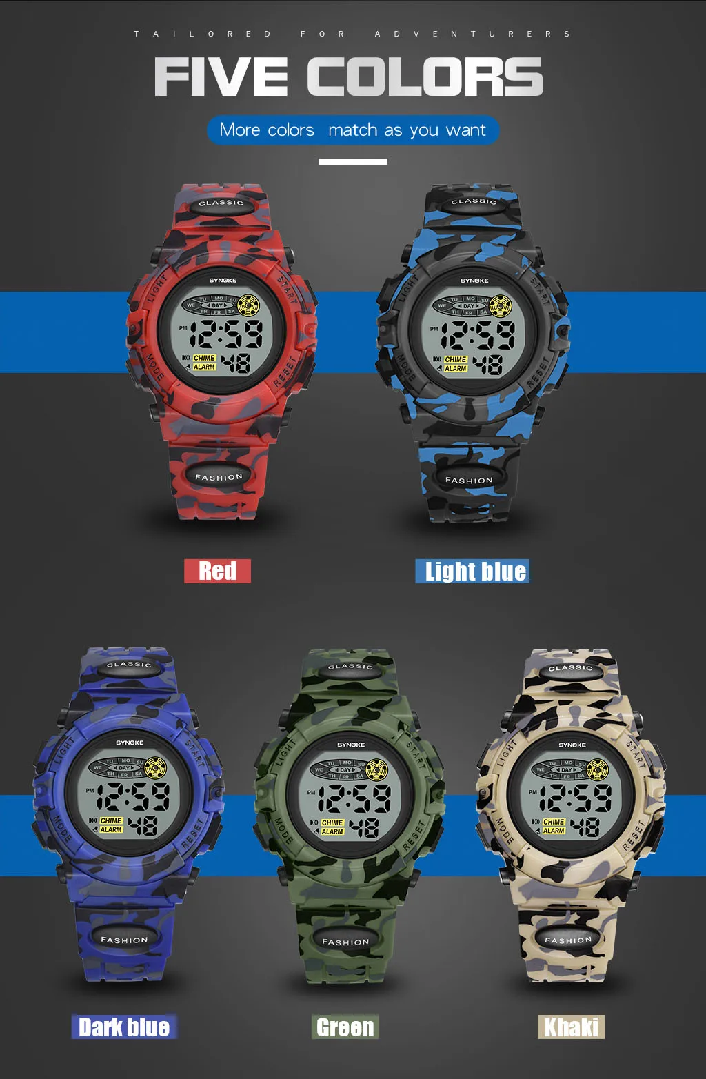 SYNOKE Student Sport Watch For Kids Colorful Electronic Watches Waterproof Clock Children Digital Watch For Boys Camouflage