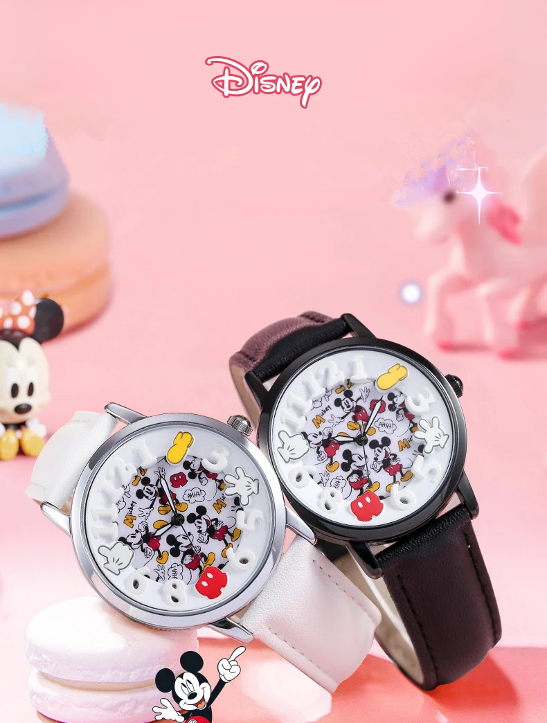 Disney Boys Fashion Cartoon Watch Cute Kids Mickey Mouse Watches Children Boys Girls Pu Leather Quartz WristWatch Clock Gift