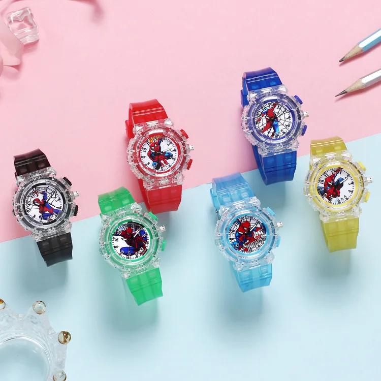 Disney Spider-Man Children Watches Boys Colorful Light Source Silicone Princess Elsa Kids Watch Student Gift Wrist Clock