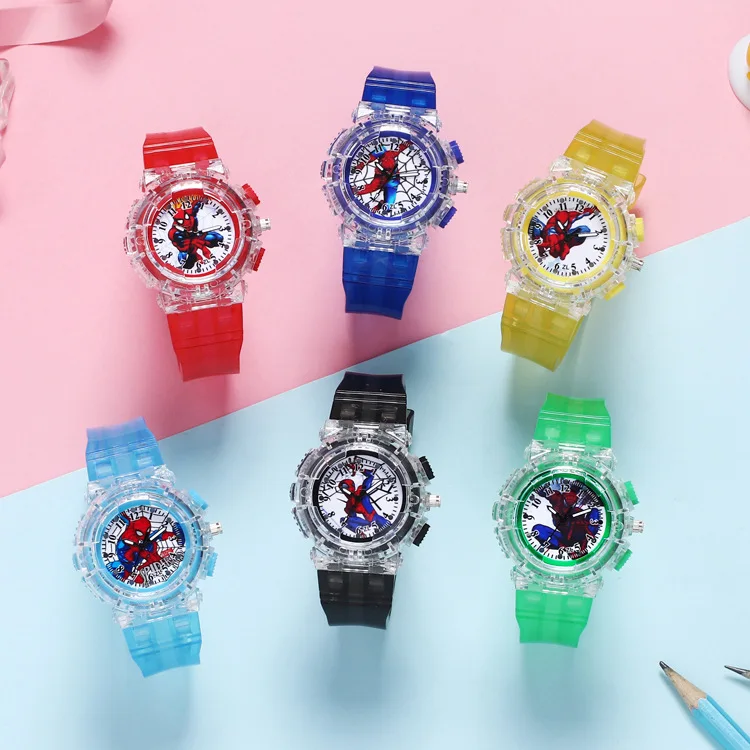 Disney Spider-Man Children Watches Boys Colorful Light Source Silicone Princess Elsa Kids Watch Student Gift Wrist Clock
