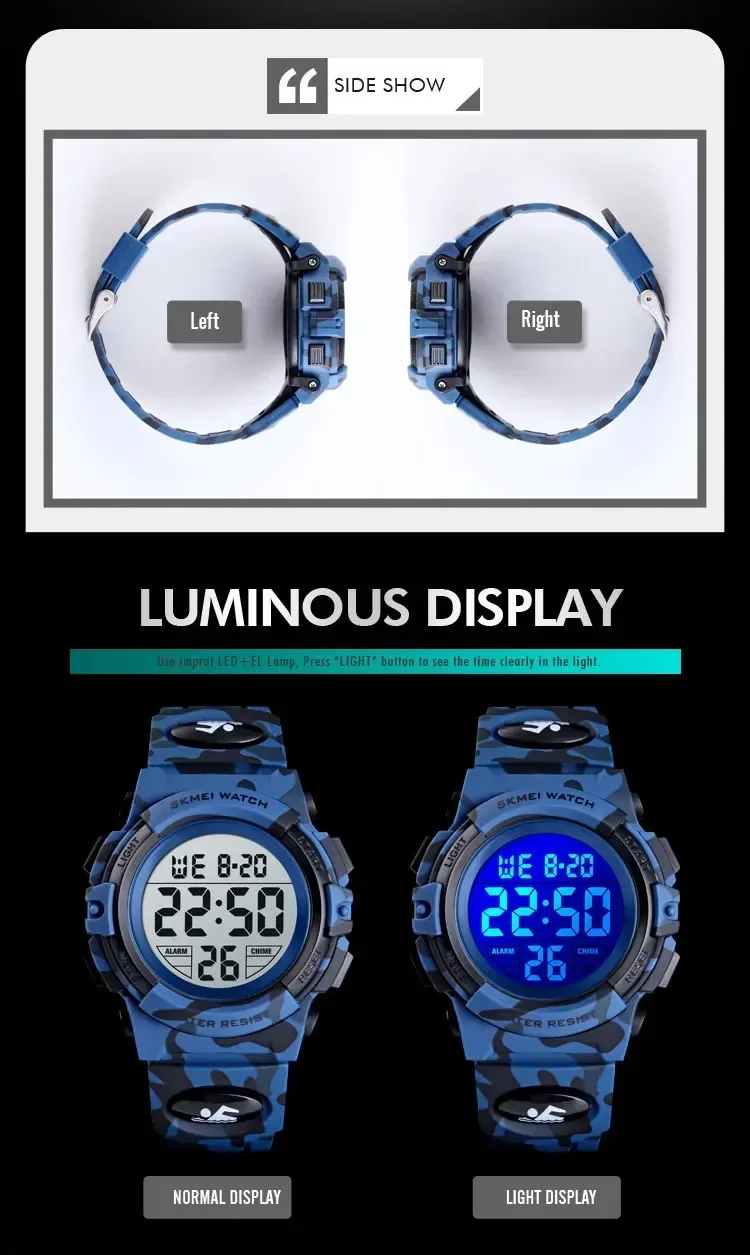 SKMEI 1548 Sport Children's Watch 5bar Waterproof Colorful Lights 12/24Hour Camouflage relogio infantil Boy Kids Watches