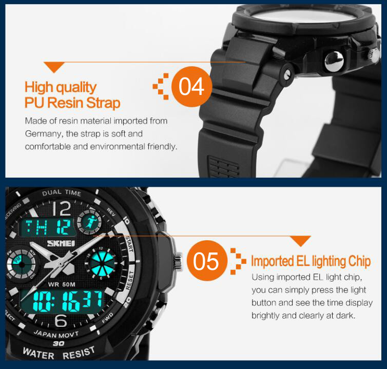 SKMEI Brand 50m Waterproof Children's Watches LED Multifunction Dual Time Quartz Digital Kids Wrist Watches Children Dress Watch