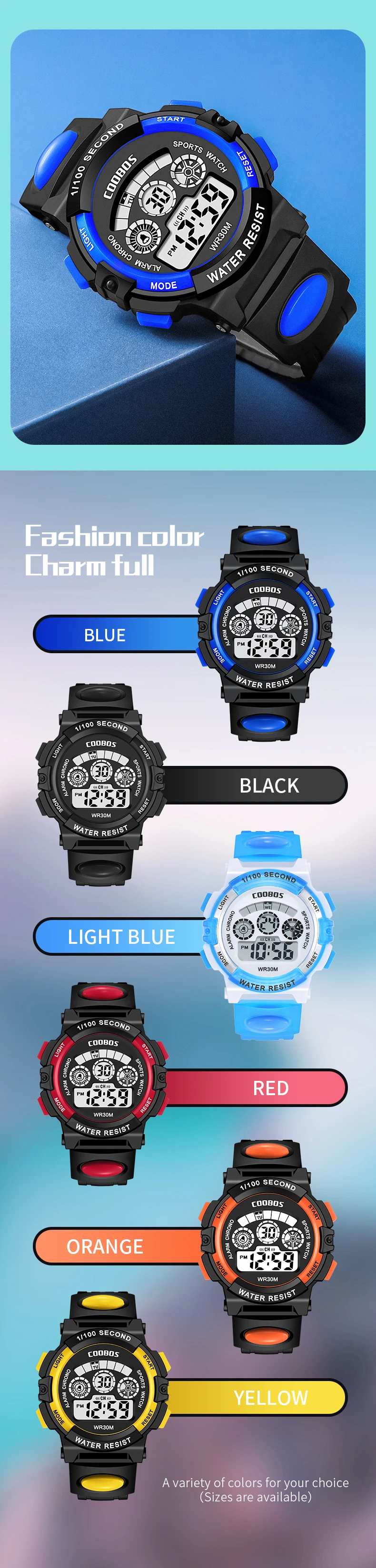 COOBOS Brand Children Watch Sports Digital Watch for Kids Boys Girls Student 30M Waterproof Multifunctional LED Wristwatch