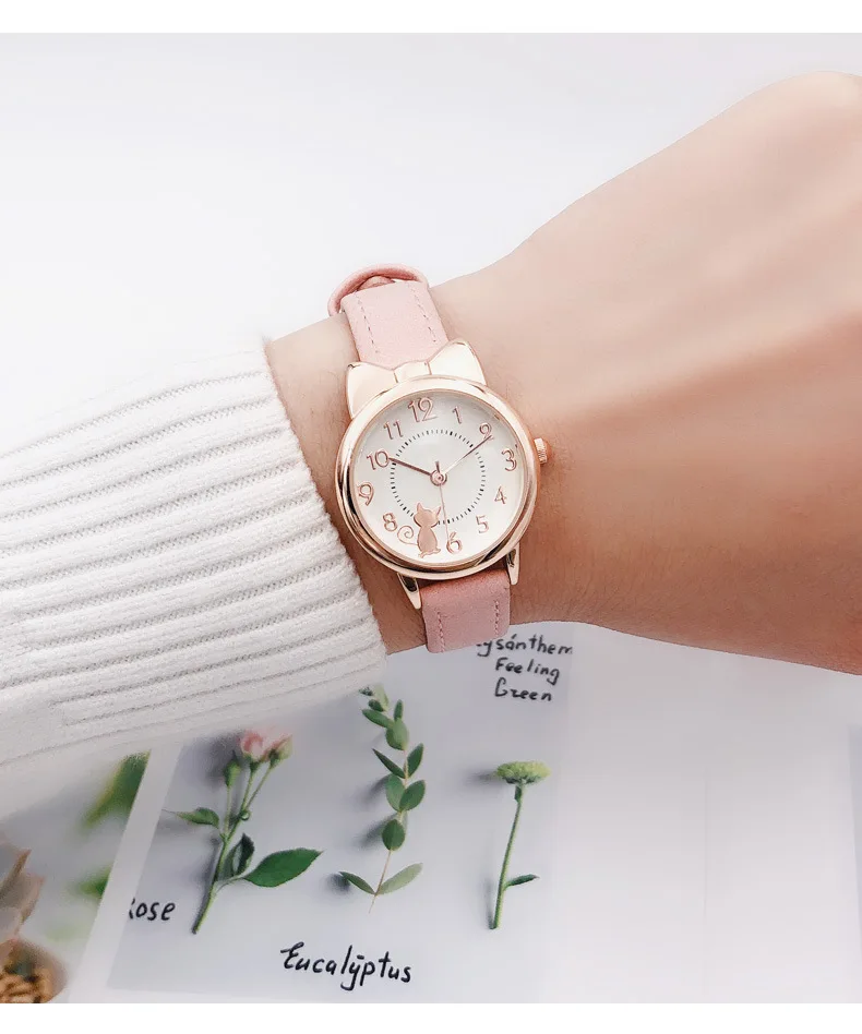 UTHAI H110 Kids's Watches Girl Cute Cat Cartoon Watch Children's Student Simple Waterproof Female Fashion Quartz Wristwatch Gift