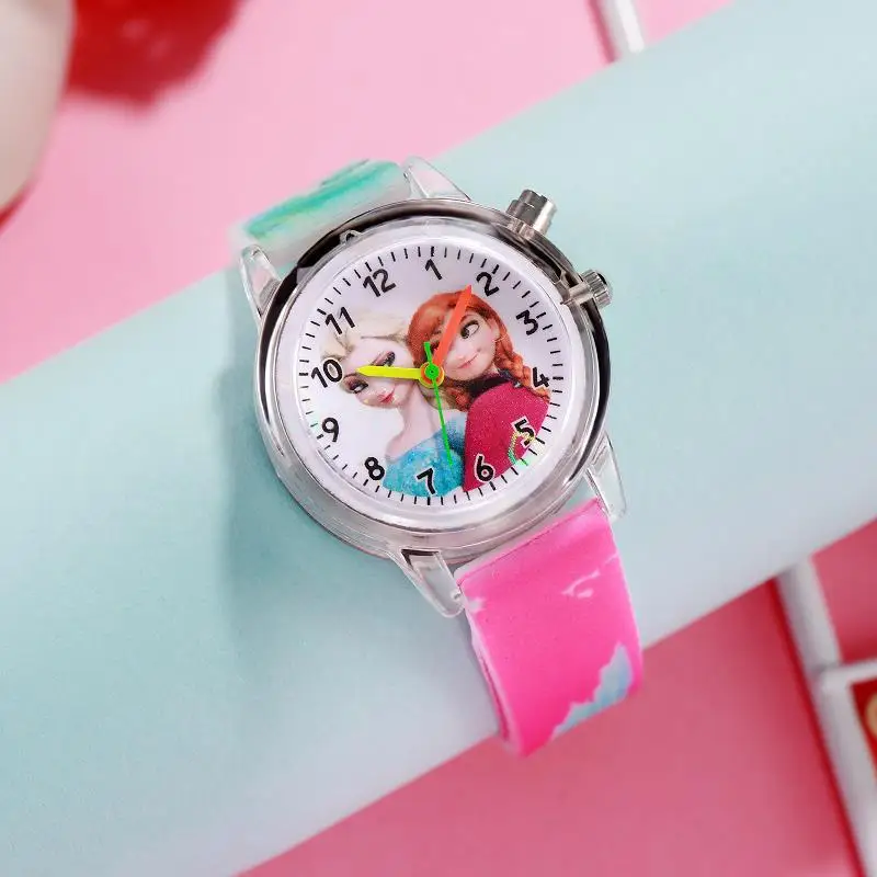 Disney Frozen Princess Elsa Children Cartoon Watches Spiderman Colorful Led Light Boys Watch Girls KidsGift Clock Wristwatch