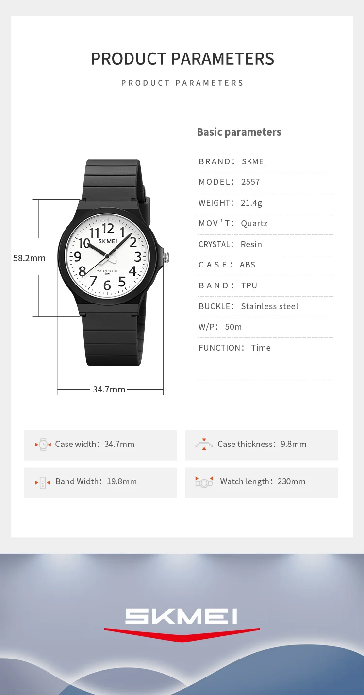 SKMEI 2557 Fashion Quartz Wristwatch 5Bar Waterproof Student Wrist Watch Women Men Fashion Casual Outfit Clock For Raining Day