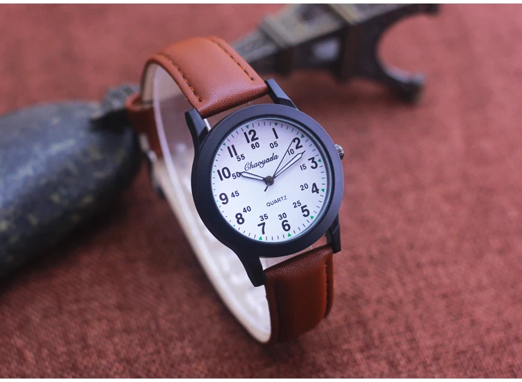 Chaoyada Fashion Men Boys Leather Strap 24 Hours Quartz Wristwatch Students Kids Learning Time High Quality Electric Watches