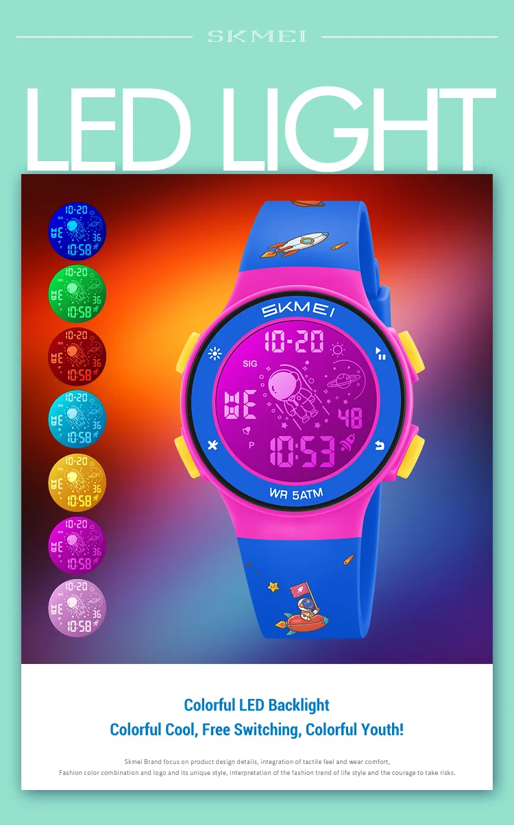 Skmei Kids Digital Watches Fashion TPU Strap Colorful Light LED Waterproof Children Boy Girl Sports Wristwatch with Alarm Clock