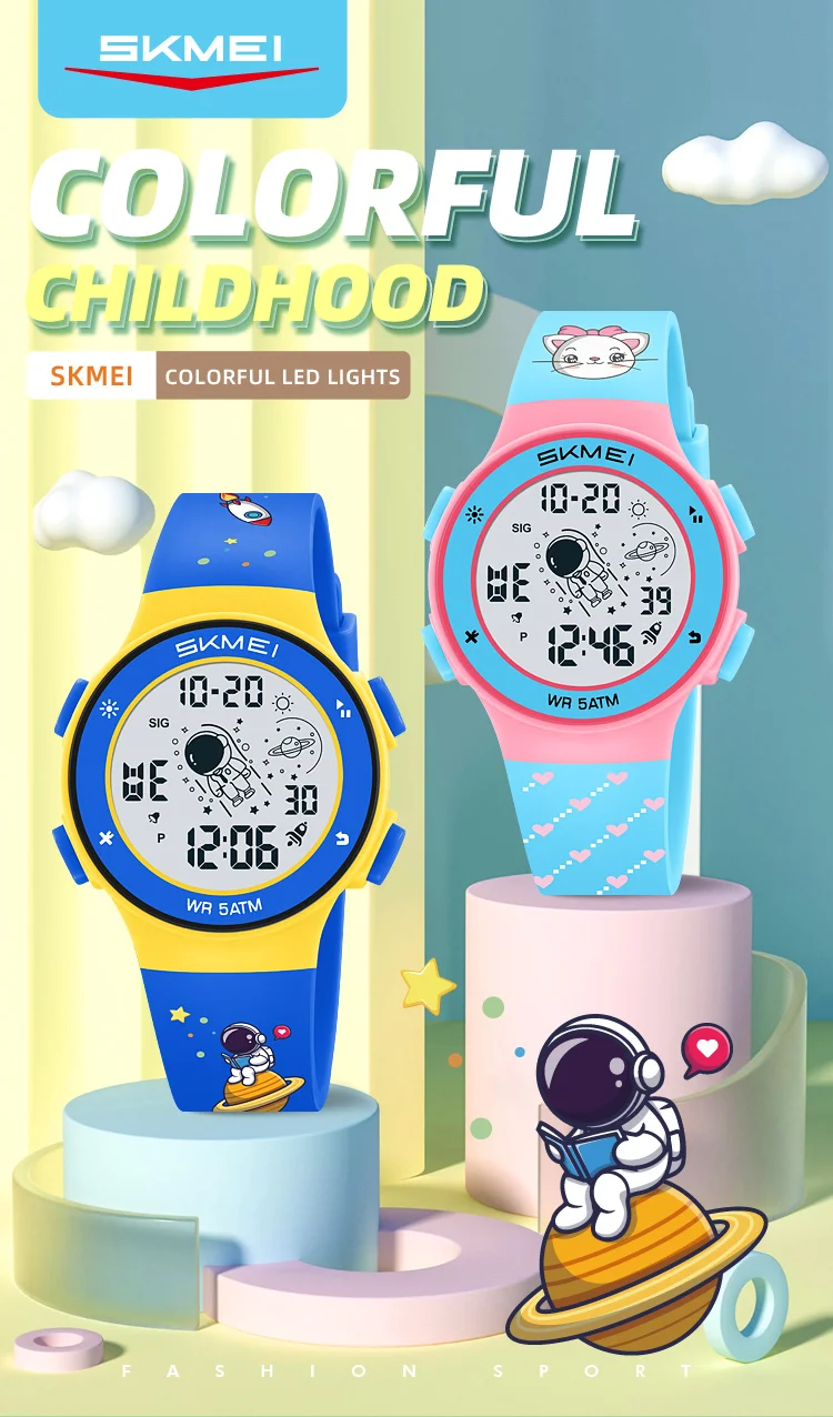 Skmei Kids Digital Watches Fashion TPU Strap Colorful Light LED Waterproof Children Boy Girl Sports Wristwatch with Alarm Clock