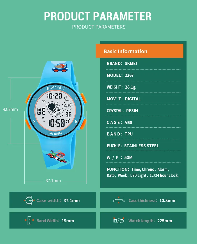 Skmei Kids Digital Watches Fashion TPU Strap Colorful Light LED Waterproof Children Boy Girl Sports Wristwatch with Alarm Clock