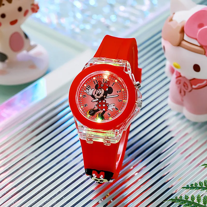 Disney Girls Kids Watches Children Watch Mickey Minnie Iron Man Luminous Student Colorful LED Light Women Lady Clock Gifts