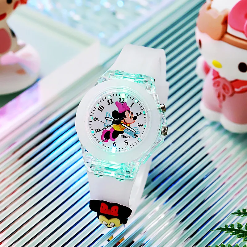 Disney Girls Kids Watches Children Watch Mickey Minnie Iron Man Luminous Student Colorful LED Light Women Lady Clock Gifts