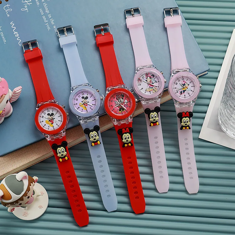 Disney Girls Kids Watches Children Watch Mickey Minnie Iron Man Luminous Student Colorful LED Light Women Lady Clock Gifts