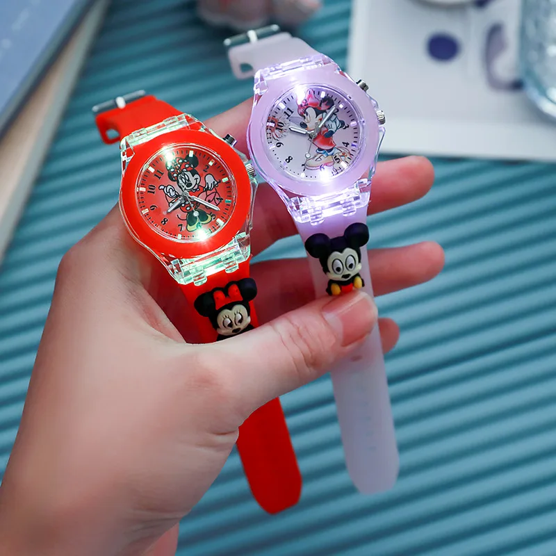 Disney Girls Kids Watches Children Watch Mickey Minnie Iron Man Luminous Student Colorful LED Light Women Lady Clock Gifts
