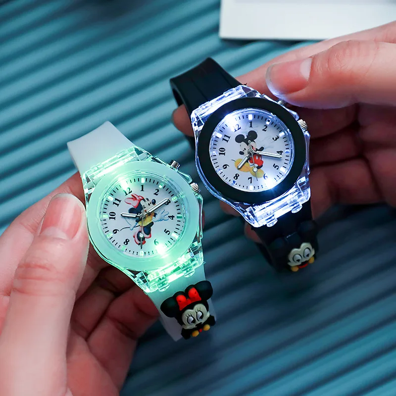 Disney Girls Kids Watches Children Watch Mickey Minnie Iron Man Luminous Student Colorful LED Light Women Lady Clock Gifts