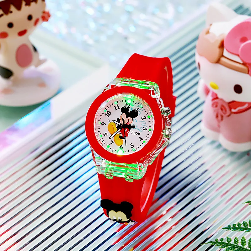 Disney Girls Kids Watches Children Watch Mickey Minnie Iron Man Luminous Student Colorful LED Light Women Lady Clock Gifts